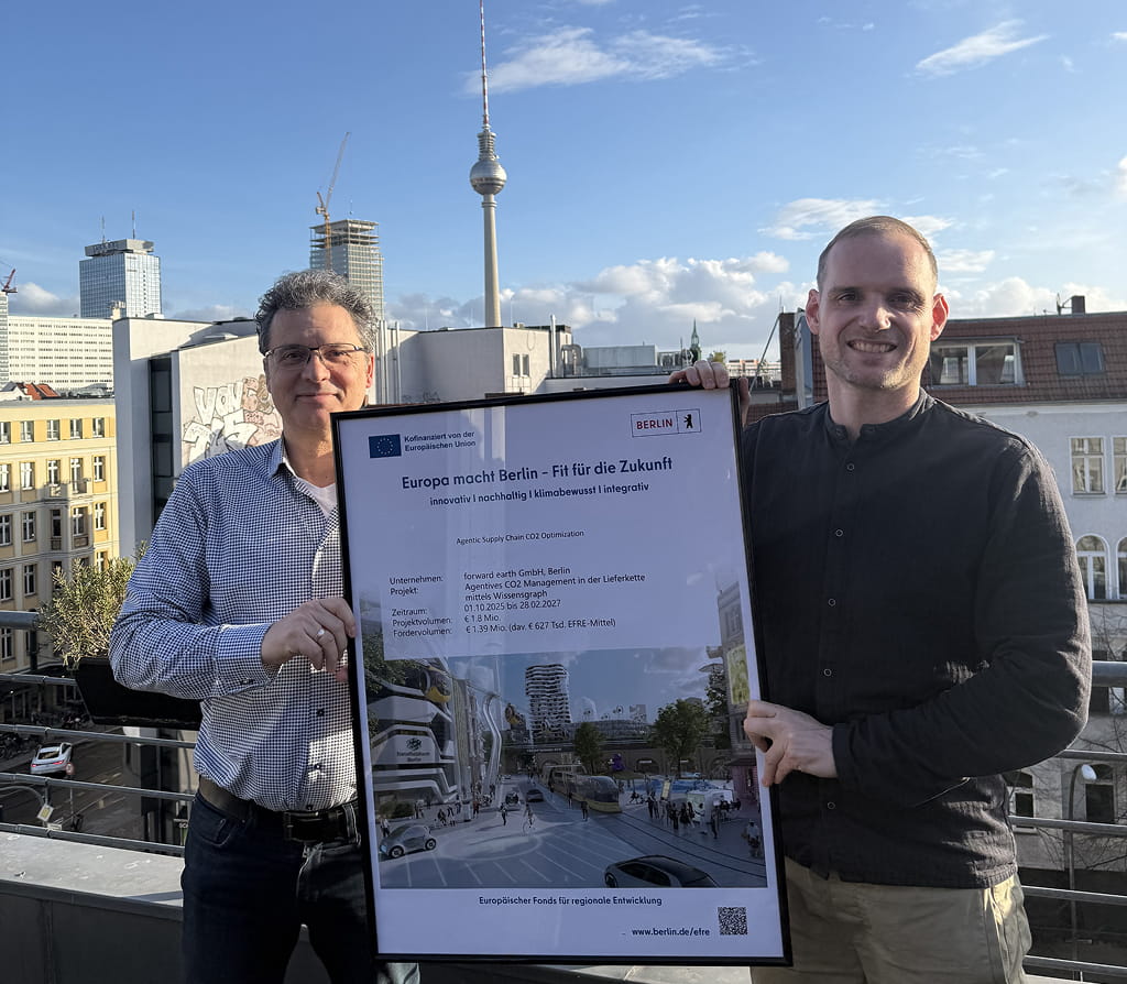 Zwei Männer stehen auf einem Dach und halten ein gerahmtes Plakat über ein Berliner Zukunftsprojekt in den Händen; im Hintergrund sind Gebäude der Stadt und der Berliner Fernsehturm zu sehen.